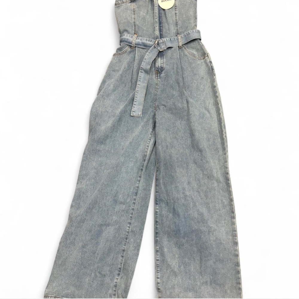 Blue Denim Overalls with Adjustable Straps and Wide Leg